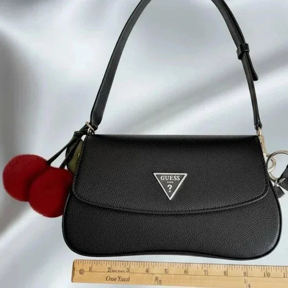 GUESS Purse Black Saffiano Faux Leather Logo Mini Handbag With Charms - Picture 6 of 6